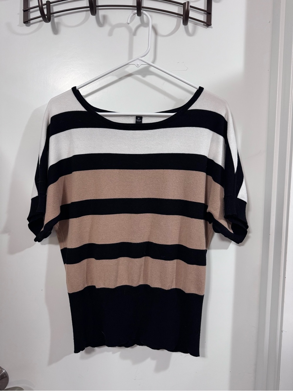 GNW Striped Scoop-Neck Sweater in Black, White & Beige